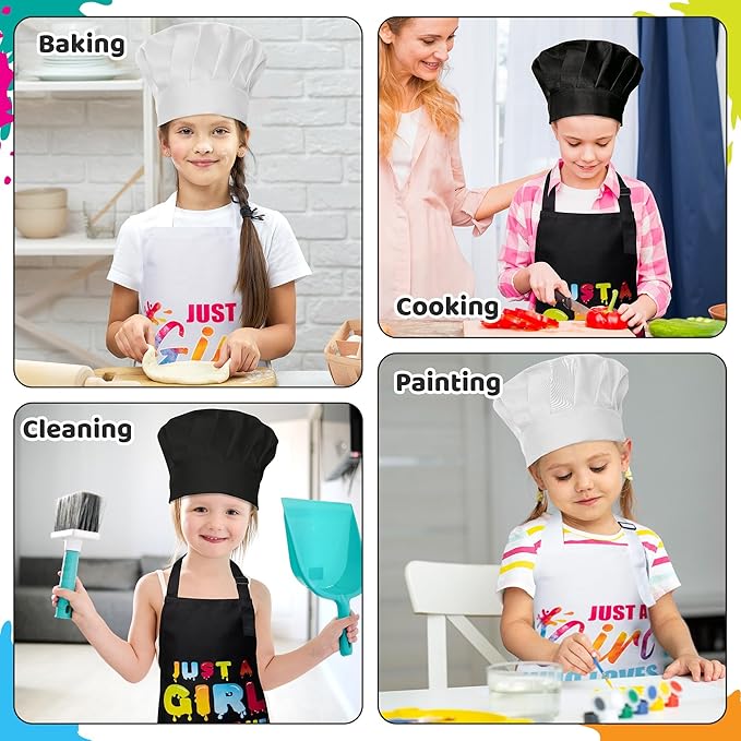 GROBRO7 4Pcs Kids Apron and Chef Hat Set Gift for Girls, Just A Girl Who Loves Slime Print Adjustable Kitchen Cooking Child Aprons Waterproof Smocks for Baking Painting Crafting