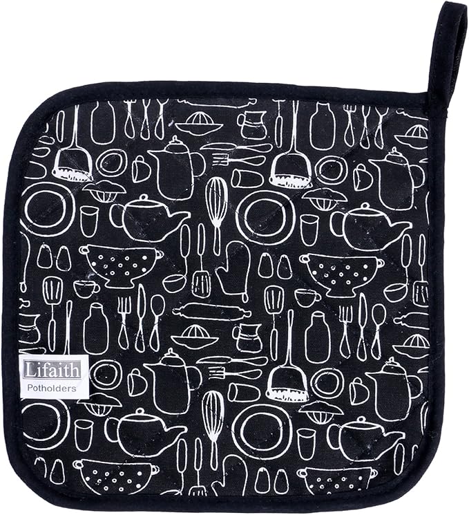 100% Cotton Kitchen Everyday Potholders Pot Holder Heat Resistant Coaster Potholder for Cooking and Baking 8 x 8-Inch Set of 3 Black