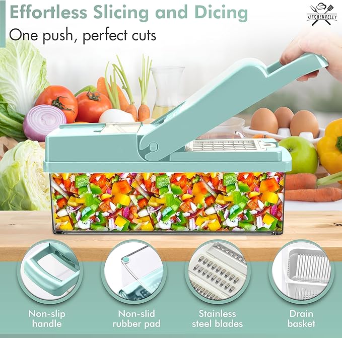 Vegetable Chopper 16 in 1 with Container, Veggie Chopper Food Chopper and Dicer, Onion Chopper Vegetable Cutter with 8 Stainless Steel Blades, Easy Meal Prep Kitchen Tool, Blue