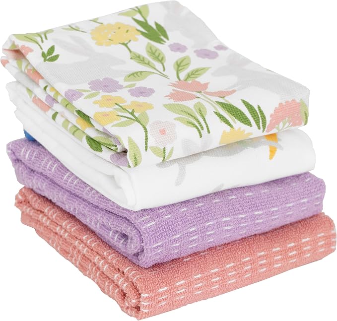Ritz 100% Cotton Kitchen Towels, Easter Bunny Spring – 16"x26" – Absorbent Dish Towels for Drying & Cleaning – Soft & Durable (Set of 4)