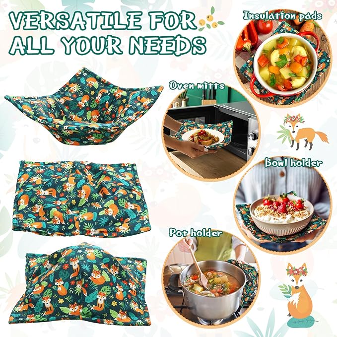 Cunhill 4 Pcs Cotton Microwave Bowl Cozy Holders for Hot Food Hot Pads Soup Bowl Potholders Heat Resistant Multipurpose Quilted Safe Holders for Kitchen Plate Supply(Dark Green,Fox Style)