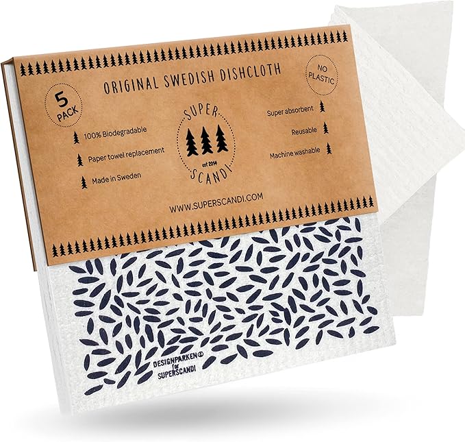 SUPERSCANDI 5 Pack Swedish Dishcloths for Kitchen - 100% Biodegradable & Compostable Reusable Paper Towels Washable, Food-Safe & Without Plastic - Dish Rags Suitable for Any Surface, Leaves