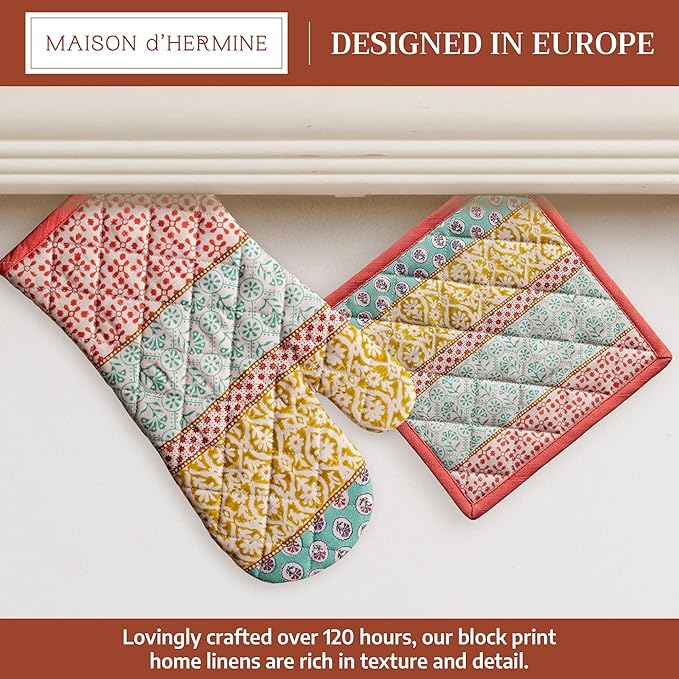 Maison d' Hermine 100% Cotton Oven Mitt & Pot Holder Set (7.5"x13" & 8"x8") Heat Resistant BBQ Cooking Gloves with Loop Baking Grilling Kitchen Gifts for Mothers Day Spring/Summer (Provence)