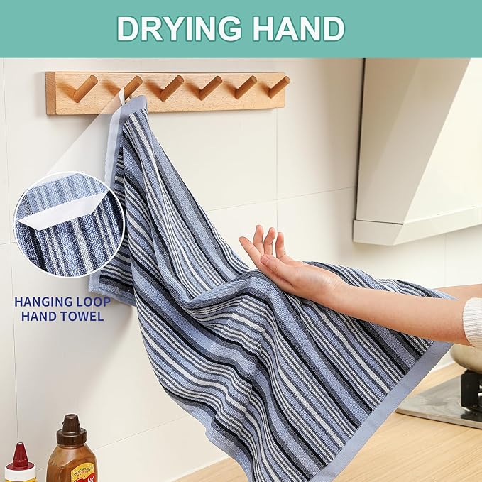 SALAS Premium Kitchen Dish Towels for Drying Dishes, Large Cotton Kitchen Towels, Stripped Terry Dish Cloths, Thick Highly Absorbent Towel Sets with Hanging Loop, 16" X 26", 6 Packs Blue