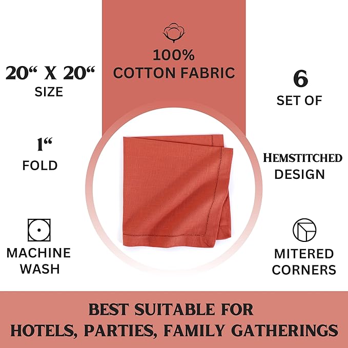 FINGERCRAFT Cloth Napkins, Hemstitched Napkins Cloth, 20 x 20 Inch Generous Picot Hem and Mitered Corner, Everyday Use Premium Quality Perfect for Parties Dinners Weddings Cocktail Set of 6 Rust