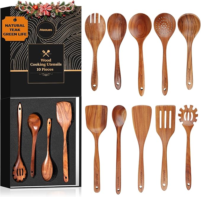 Mooues Wooden Spoons for Cooking, Wooden Utensils for Cooking Natural Teak Wooden Kitchen Utensils Set Comfort Grip(10 PCS SET GIFT BOX)