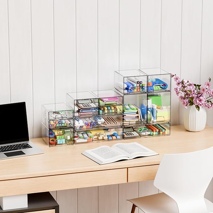 Yieach 4 Pack Small Clear Stackable Storage Drawers,2.2'' Tall Desk Organization and Storage,Plastic Office Supply Organizer,Acrylic Storage Containers for Makeup,Hair Clip,Accessory,Pen,Art Crafts