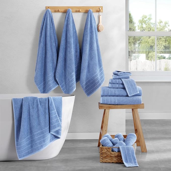 Casa Platino Cotton Bath Towel 18 Piece Set - Super Soft, Quick Dry & Absorbent - 6 Bath, 6 Washcloths, 6 Hand Towels for Bathroom - Hotel Quality & Suitable for Family - Cerulean Blue