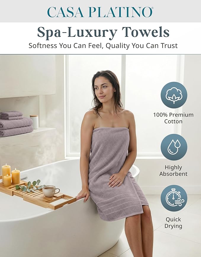 Casa Platino 100% Cotton Bathroom Towel Set - 12 Pcs - Very Soft, Quick Dry & Highly Absorbent - 4 Bath, 4 Wash Cloth, 4 Hand Towels - Ideal for Guests & Perfect for Your Bathroom - Platinum