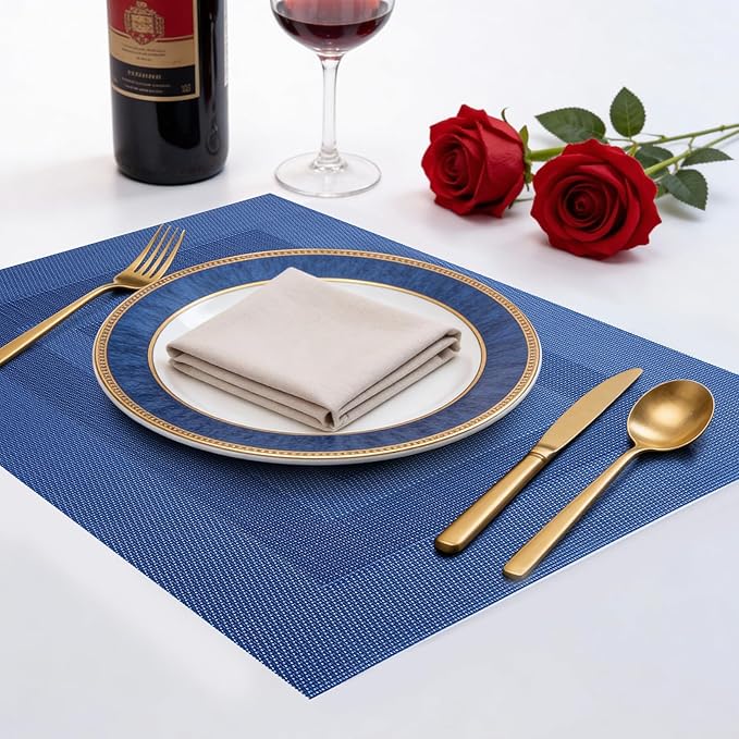 Timeet Blue Placemats Set of 6, Heat Resistant Non-Slip Place Mats, Durable Washable PVC Vinyl Woven Table Mats, Wipeable Placemats for Dining Table Easy to Clean