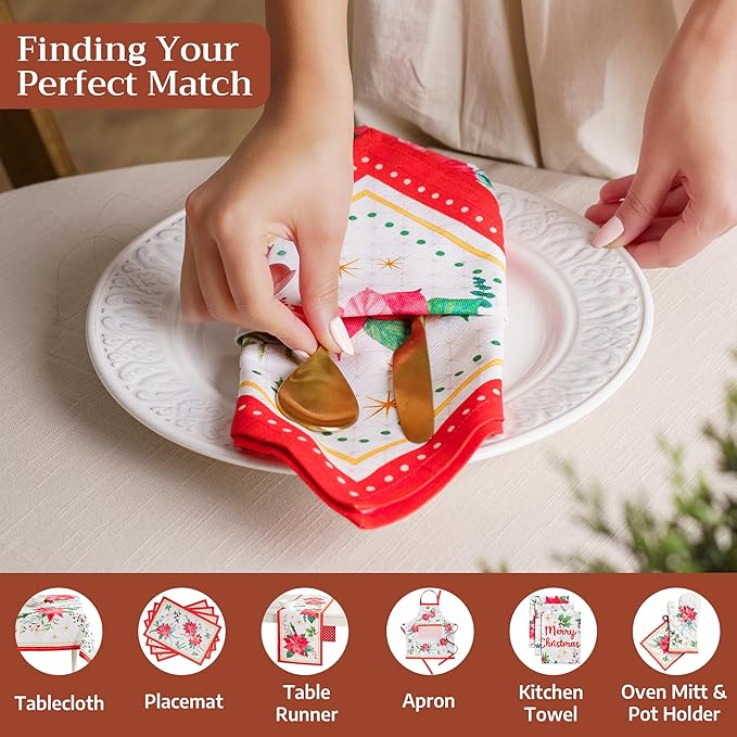 Maison d' Hermine Cloth Napkins Set of 4 100% Cotton for Thanksgiving Christmas Decorations Everyday Reusable Square Fall Napkins Cloth Washable Dinner Party (Poinsettia Christmas, 20"x20")