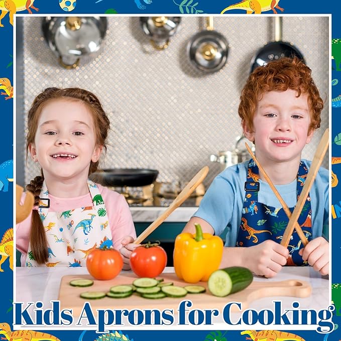 2 Pack Kids Apron and Chef Hat Adjustable Kitchen Cooking Aprons with Pockets for Girls Boys Baking Painting