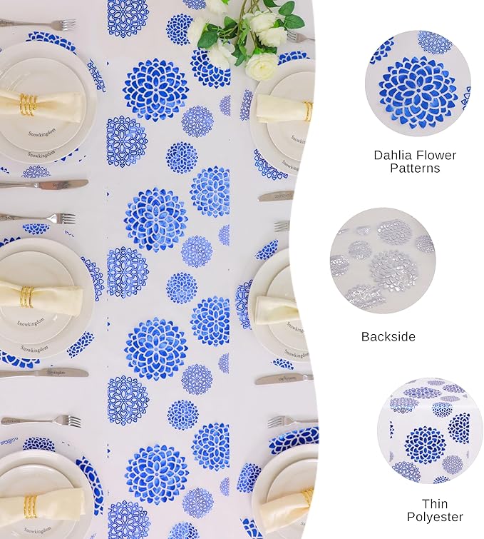 Snowkingdom Blue Dahlia Flowers Table Runner,Glitter Thin Foil Blue and White Dahlia Flowers Mesh Table Runner 11x120 Inch,Kitchen Dining Table Decor for Party Wedding Bridal Birthday Shower