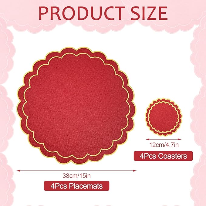 Set of 8 Christmas Round Cotton Linen Placemats with Coaster, 15" Red Scalloped Embroidery Placemats Double Layered Heat Resistant Washable Table Mat for Xmas Winter Party Kitchen Dining Table