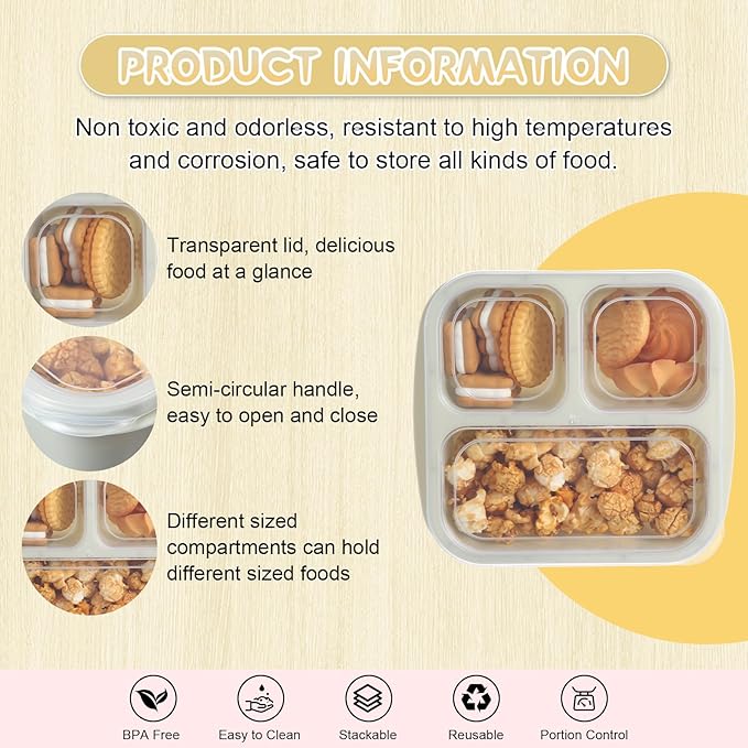 Honeydak 5 Pack Snack Containers 3 Compartment Bento Snack Boxes Divided Meal Prep Containers with Lids Reusable Adults Lunch Food Storage Box for School Work Travel(Lemon Color)