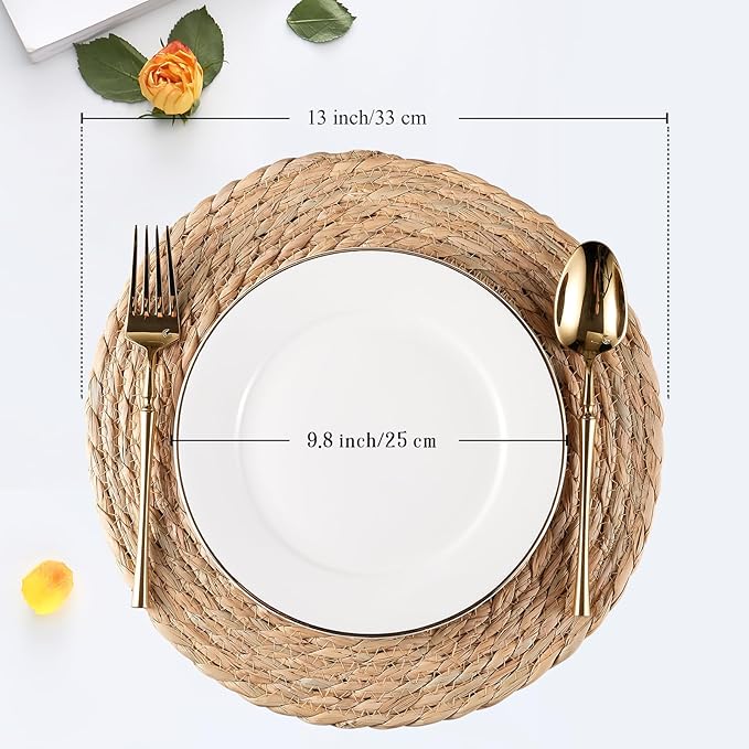 Round Woven Placemats Set of 8, Natural Water Hyacinth Place mats, Rattan Placemats Wicker Placemats Farmhouse Boho Braided Heat Resistant Outdoor Placemat Patio Table Place Mats (13 inch Set of 8)