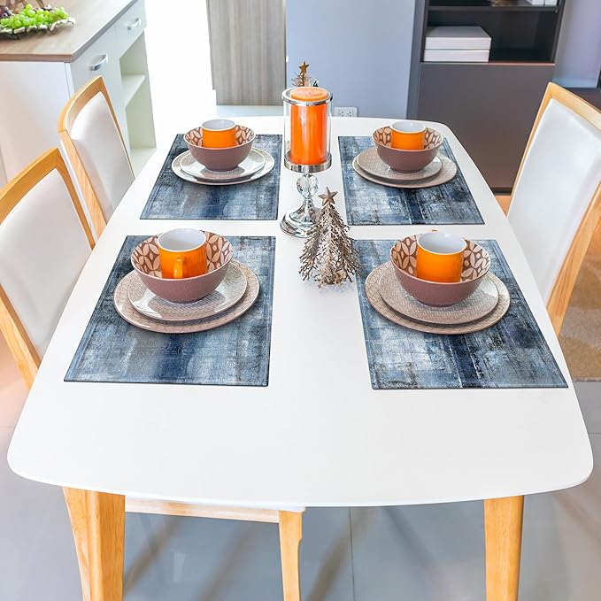 Blue and Gray Placemats Washable, Linen Rectangular Place Mats Set of 4, Dining Table Decor for Living Room, Kitchen, Farmhouse and Outdoor (Blue Gray, 12x18 Inch)