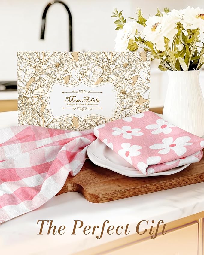 Miss Adola 2pcs Flour Sack Kitchen Towels - 18"x 26" Cotton Kitchen Hand Towels with Hanging Loop Reusable Geometric Girly Plaid Floral Tea Towel Absorbent Dishcloths Home Decor, Pink Flower