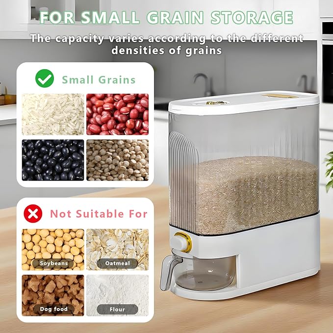 Rice Storage Container 10kg, Clear Food Grain Dispenser with Date Dial & Measuring Cup, Space-Saving Organizer for Rice, Cereal, Pet Food, Pasta