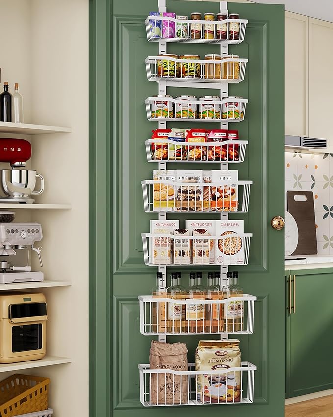 Eastherry Over The Door Organizer，8-Tier Over The Door Pantry Organizer with Adjustable Baskets，Metal Hanging Pantry Organizers and Storage for Kitchen, Back of Door Seasoning Rack (White)