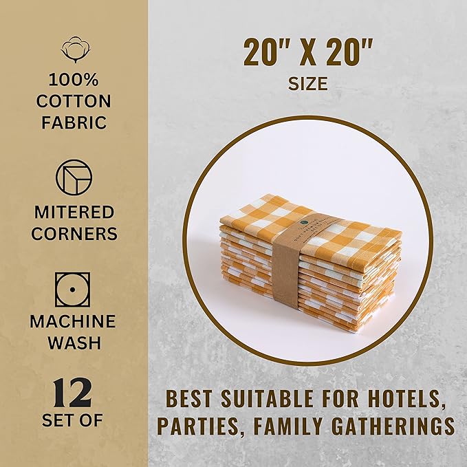 FINGERCRAFT Cloth Napkins, Everyday Use, Premium Quality, Cotton Buffalo Plaid, Set of 12, 20X20 Inch Oversized Napkins Cloth Mitered Corners, Soft, Durable Hotel Quality Yellow White Checkered