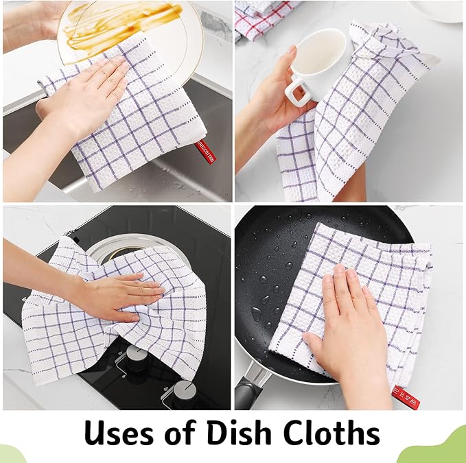 Homaxy 100% Cotton Dish Cloths, 6 Pack-12 X 12 Inches, Check Design Waffle Weave Dish Rags for Washing Dishes, Ultra Absorbent and Fast Drying Dishcloths, Purple