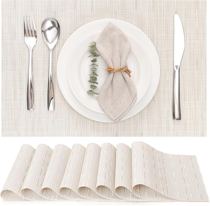 Myir JUN Placemats Set of 8, Vinyl Woven Placemats Place Mats Indoor Set of 8 Washable Table Mats Non-Slip Place mats for Dining Table (B-Off White, Set of 8)