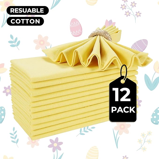 Homidate Cotton Dinner Cloth Napkins Set of 12 – 18x18 Sand Yellow – Reusable & Machine Washable Fabric Napkins for Weddings, Restaurants & Everyday Dining