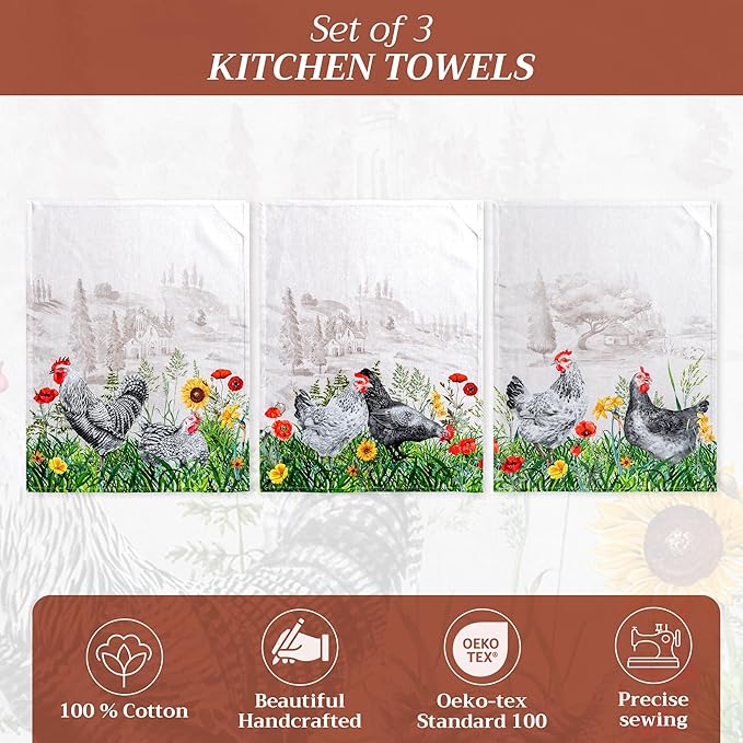 Maison d' Hermine Kitchen Towels Set of 3 100% Cotton 27.50" x 20" Reusable Cloth Tea Dish Towels Absorbent with Hanging Loop for Kitchen Gifts for Mothers Day Spring/Summer (Basse Cour)