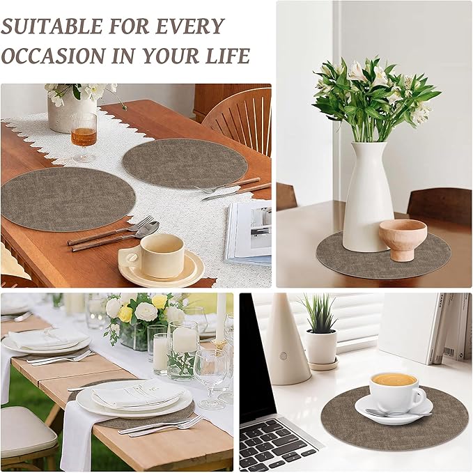13" Round Placemats Set of 8, Reversible Faux Leather Heat Resistant Table Mats, Waterproof Oilproof Wipeable Table Protective Placemats for Vinyl, Washable for Indoor & Outdoor Use (8, Dark Coffee)