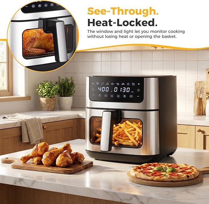 NEWBULIG Air Fryer 6.34QT, Airfryer with Visible Window, 400℉ Fast Heating Air Fryers Oven with Nonstick and Dishwasher-Safe Basket, 8-in-1 Cooking Preset, Timer，Auto-Off, Stainless Steel, Black