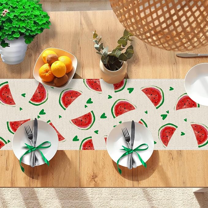 Summer Table Runner Watermelon Green Heart Burlap Table Decoration Holiday Home Party Kitchen Dining Table Supplies 13x72 Inch