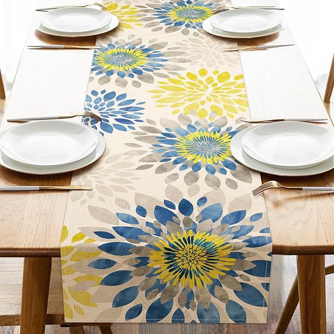 Geometric Dahlia Flower Dining Table Runner, Blue Yellow Floral Modern Art Burlap Kitchen Decoration, Spring Summer Farmhouse Indoor Outdoor Home Decor Party Supply 13 x 72 Inches