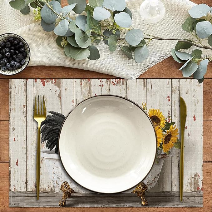Rooster Sunflower Farmhouse Placemats Set of 6,12 x 18 Inch Table Mats Washable Heat Resistant Linen Fabric Rectangle Place Mat for Party Home Kitchen Dining