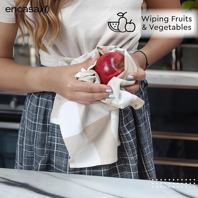Encasa XO Cotton Kitchen Towel Set | Hand and Tea Cloth for Cleaning & Quick Drying, X-Large 28"x18" (Pack of 4) Highly Absorbent - Buffalo Beige Checks