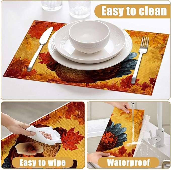 Thanksgiving Turkey Placemats Set of 6, Fall Maple Leaf Linen Place Mat Washable Stain Resistant Table Mats for Farmhouse Kitchen Party Decor 12x18 Inch