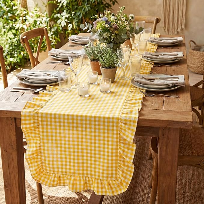 HunnmingRe 1 Pcs Yellow Plaid Gingham Ruffle Table Runner 72 x 13.8'' Farmhouse Easter Table Runner 100% Cotton Scalloped Long Dresser Scarves for Dining Room, Wedding, Kitchen Rustic Home Decor