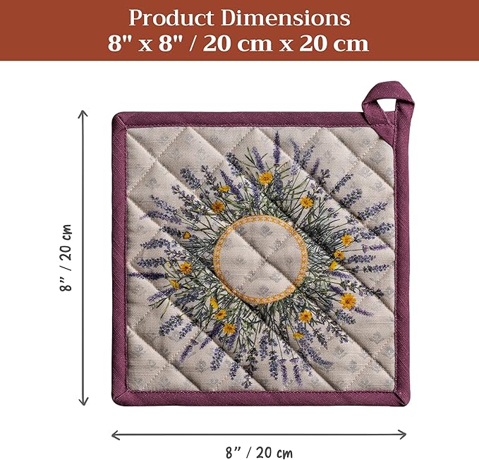 Maison d' Hermine Pot Holders 100% Cotton Heat Resistant Potholders 8" x 8" Hot Pads with Loop BBQ Cooking Baking Gifts for Mothers Day Handling Hot Pans Spring/Summer (Pack of 1, Fanny Lavender)