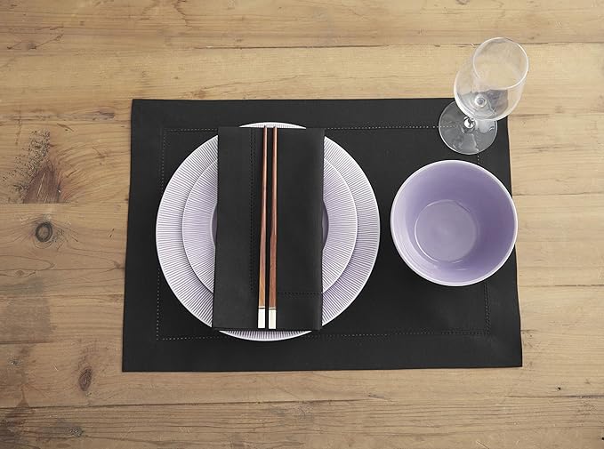 Solino Home Black Napkins Set of 4 - Cotton Linen Hemstitch Dinner Napkins Cloth 20 x 20 Inch for Spring, Summer, Mothers Day - Handcrafted and Machine Washable