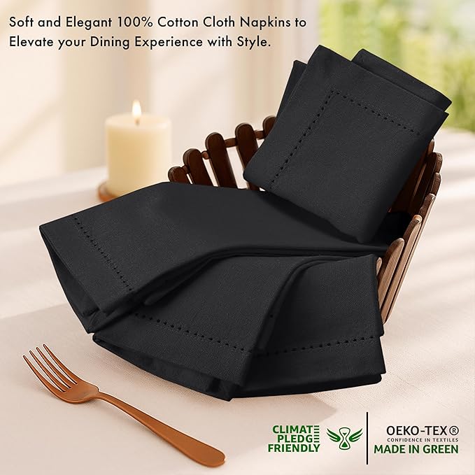 Ruvanti Cloth Napkins Set of 12, 100% Cotton High GSM 18x18 Inches, Hem Stitched Corners, Soft, Washable, Durable & Absorbent, Perfect for Parties, Christmas, Thanksgiving Dinners – Black Beauty