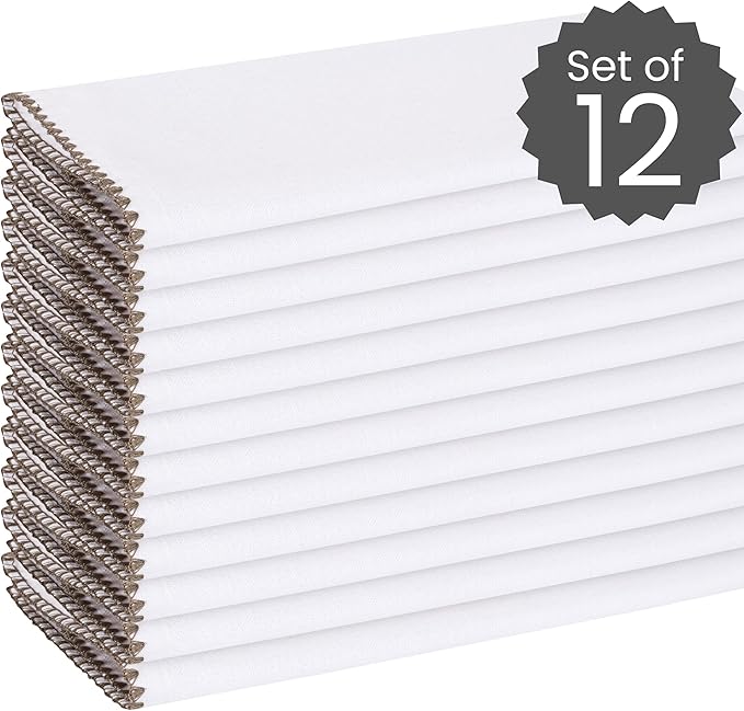 Cotton Clinic Cloth Napkins with Trim - Everyday Use Table Dinner Napkins - Soft Durable Washable - Ideal for Dinner Party Wedding Christmas Easter - Set of 12-20x20 inches Grey White Napkins