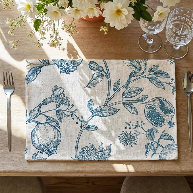 JINCHAN Linen Floral Placemats Set of Cloth Table Mats Rustic Cottagecore Botanical Outdoor Seasonal for Kitchen Dining Decor Heat Resistant Non-Slip Washable Tablemats 13x19 Inch Blue