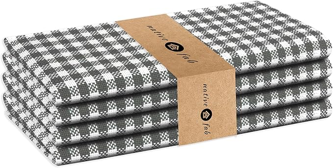Native Fab Gingham Mini Check Cloth Dinner Napkins - Set of 4-100% Cotton - 16"x16" - Soft, Absorbent, Restaurant Hotel Quality - Easy Care Washable Wedding, Everyday Use - Grey