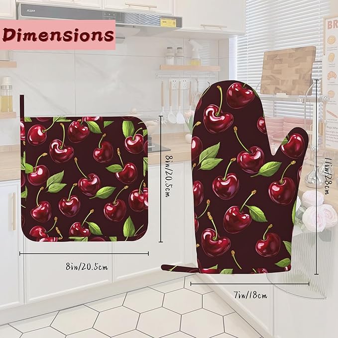 Red Cherry Heat-Resistant Silicone Oven Mitts and Pot Holders,Long Oven Gloves with Non-Slip Grip for Cooking, Baking, Grilling,BBQ