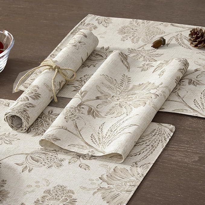 JINCHAN Linen Floral Fall Placemats Set of 4 Cloth Table Mats Rustic Cottagecore Jacobean Outdoor Seasonal for Kitchen Dining Table Decor Washable Tablemats 13x19 Inch Taupe