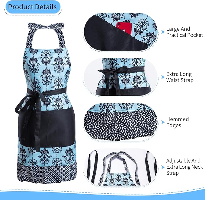 Lovely Flower Pattern Retro Aprons With Large Pockets for Women Girls Cooking Kitchen Bakery Mother's Gift