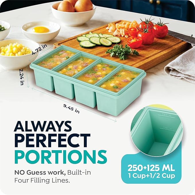 Silicone Freezer Trays with Lids, 1-Cup Soup Container Style Ice Cube Trays for Freezer - Leakproof, Dishwasher,Oven Safe, Stackable, Ideal for Frozen Broth, Leftovers & Meal Prep, BPA Free 2 Pack