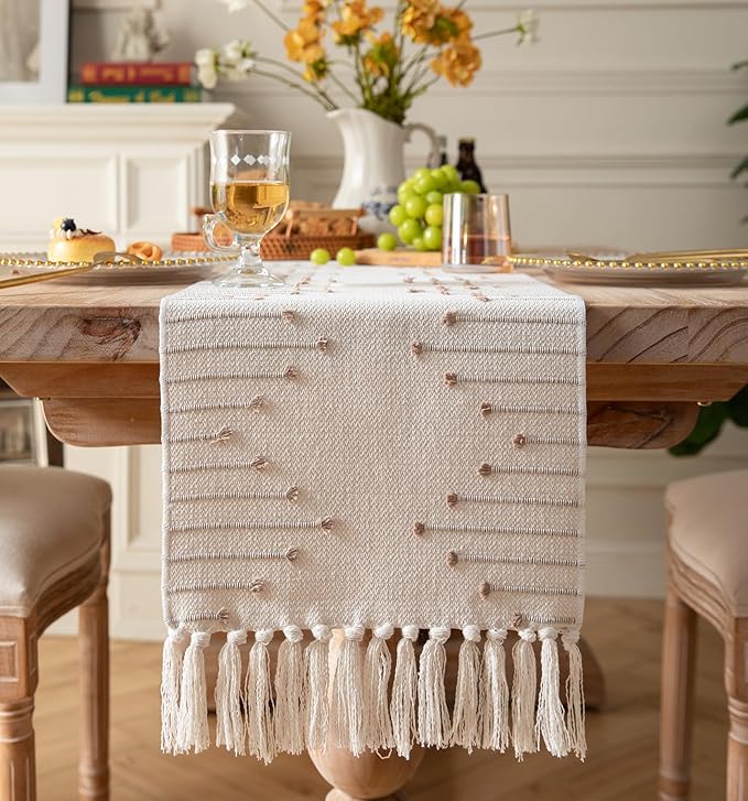 Boho Table Runner 13 x 60 Inch Long Natural Cotton Woven Runner with Tassels for Home Dining Table décor, for Modern Farmhouse Decor Coffee Table Runner, Taupe and Beige