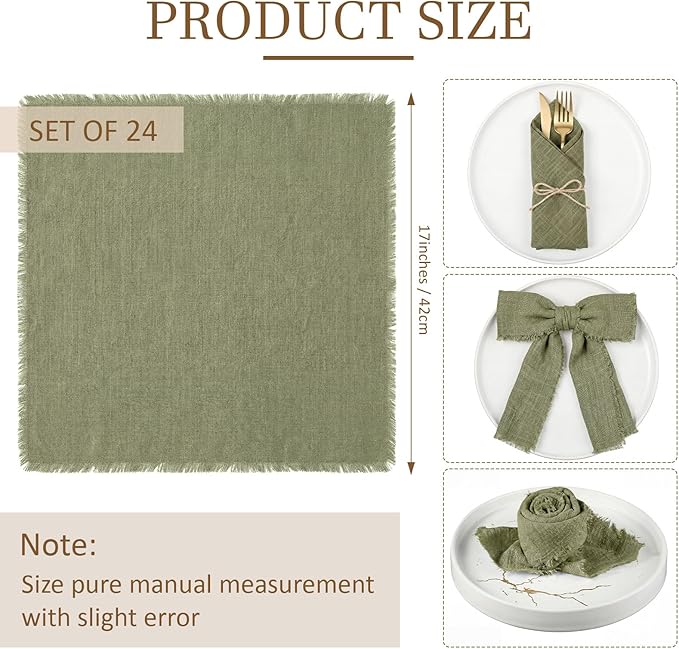 Preboun 24 Pcs Fringe Napkins Bulk Cloth Cotton Soft 17 x 17 Inch Rustic Reusable Washable Festive Square Table Napkins with Fringe for Parties Wedding Restaurant Table Accessory (Olive Green)