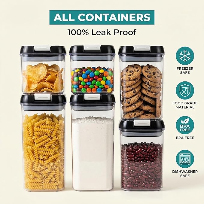 OMIO Airtight Kitchen Storage Containers (6-Pack) - Easy-Grip Pull Tab Lids, BPA-Free Plastic Canisters for Pantry, Countertop, Fridge – Organize Cereal, Grains, Flour, Sugar, Snacks & Candy